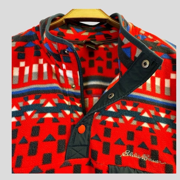 Eddie Bauer Men’s Fleece Sweater T2XL Red Geometric Pattern - Picture 3 of 14